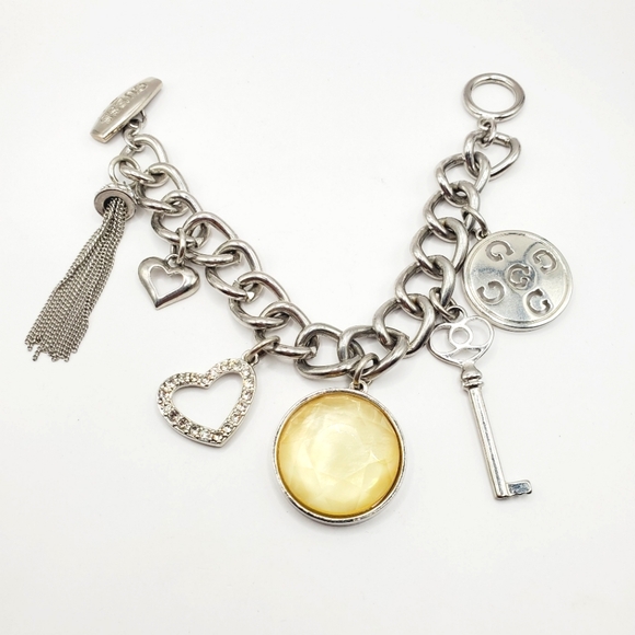 Guess Charm Bracelet Silver Tone Lock Key Heart Bow Pave Crystals - Picture 1 of 5